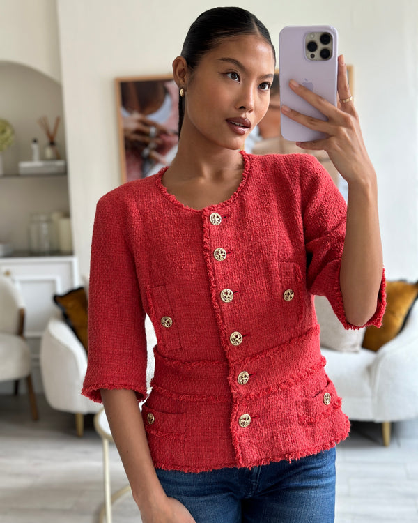 Chanel Coral Red Tweed Mid-Sleeve Jacket with Bird-Detailed Gold CC Logo Buttons Size FR 40 (UK 12)