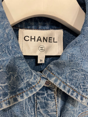 Chanel 23S Blue Denim Vest with CC, Camelia and Button Details Size FR 36 (UK 8)