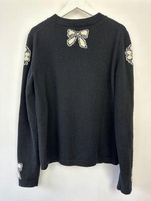 Chanel 16/A Black Camellia and Bow Long Sleeve Jumper with Pocket Detail Size FR 38 (UK 10)