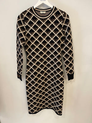 Fendi Black, White and Beige Logo Printed Long-Sleeve Midi Dress IT 42 (UK 10) RRP £1,450