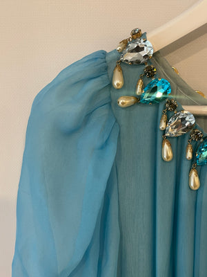 Dolce & Gabbana Light Blue Silk Mini Dress with Crystal and Pearl Pendants Size IT 42 (UK 10)