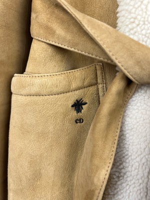 Christian Dior Tan and Cream Reversible Suede and Shearling Coat with Embroidered Logo and Belt Size FR 38 (UK 10)