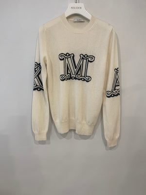 Max Mara Cream Cashmere Jumper with Grey Logo Detail Size S (UK 8)