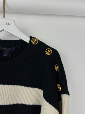 Louis Vuitton Black, White Stripe Knitted Jumper with Gold Anchor Button Detail Size XS (UK 6)