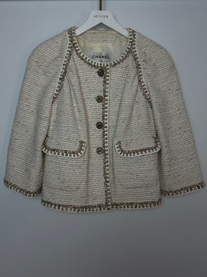 Chanel Cream Tweed Jacket with Orange, Green and Thread Details and Owl CC Logo Buttons Size FR 38 (UK 10)