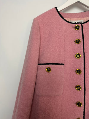 Chanel 94C Pink Tweed Jacket with Black Trim and Gold CC Logo Button Details, Size FR 42 (UK 14)