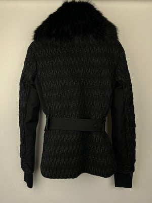 Moncler Black Grenoble Ruched Ski Jacket with Belt and Black Faux Fur Trim Size 2 (UK 12)