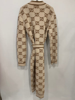 Gucci Cream and Light Brown GG Knit Wool Blend Maxi Belted Cardigan with Gold Buttons Size M (UK 10)