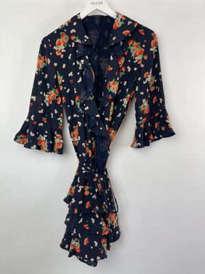 Louis Vuitton Navy Floral Silk Mini Dress With Wrap Around Tie Detail FR 36 (UK 8)