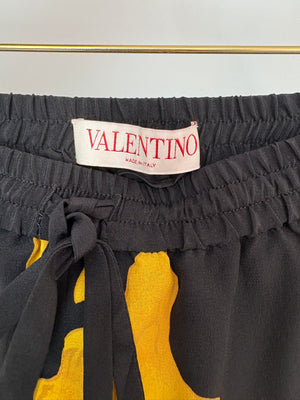 Valentino Black and Yellow Dragon Print Silk Wide Leg Trousers with White Trim IT 38 (UK 6)