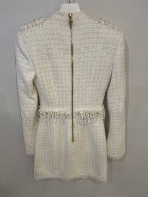 Balmain White Tweed Mini Dress with Gold Buttons and Sequin Embellishments Size FR 34 (UK 6)