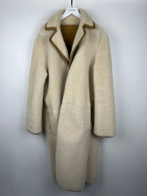 Christian Dior Tan and Cream Reversible Suede and Shearling Coat with Embroidered Logo and Belt Size FR 38 (UK 10)