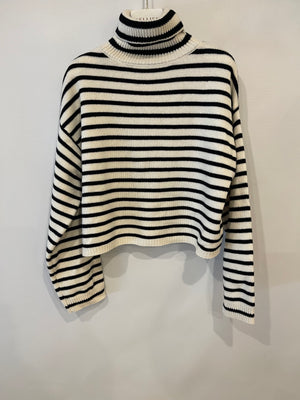 Soft Goat White and Black Striped Knit High Neck Wool Jumper Size S (UK 8)