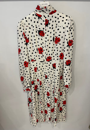 Alessandra Rich Black and White Polkadot Silk Long-Sleeve Midi Dress with Red Floral Details Size IT 44 (UK 12)