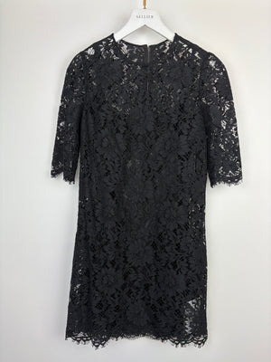 Dolce & Gabbana Black Lace Short Sleeve Dress with Red Crystal Button Details Size IT 40 (UK 8)