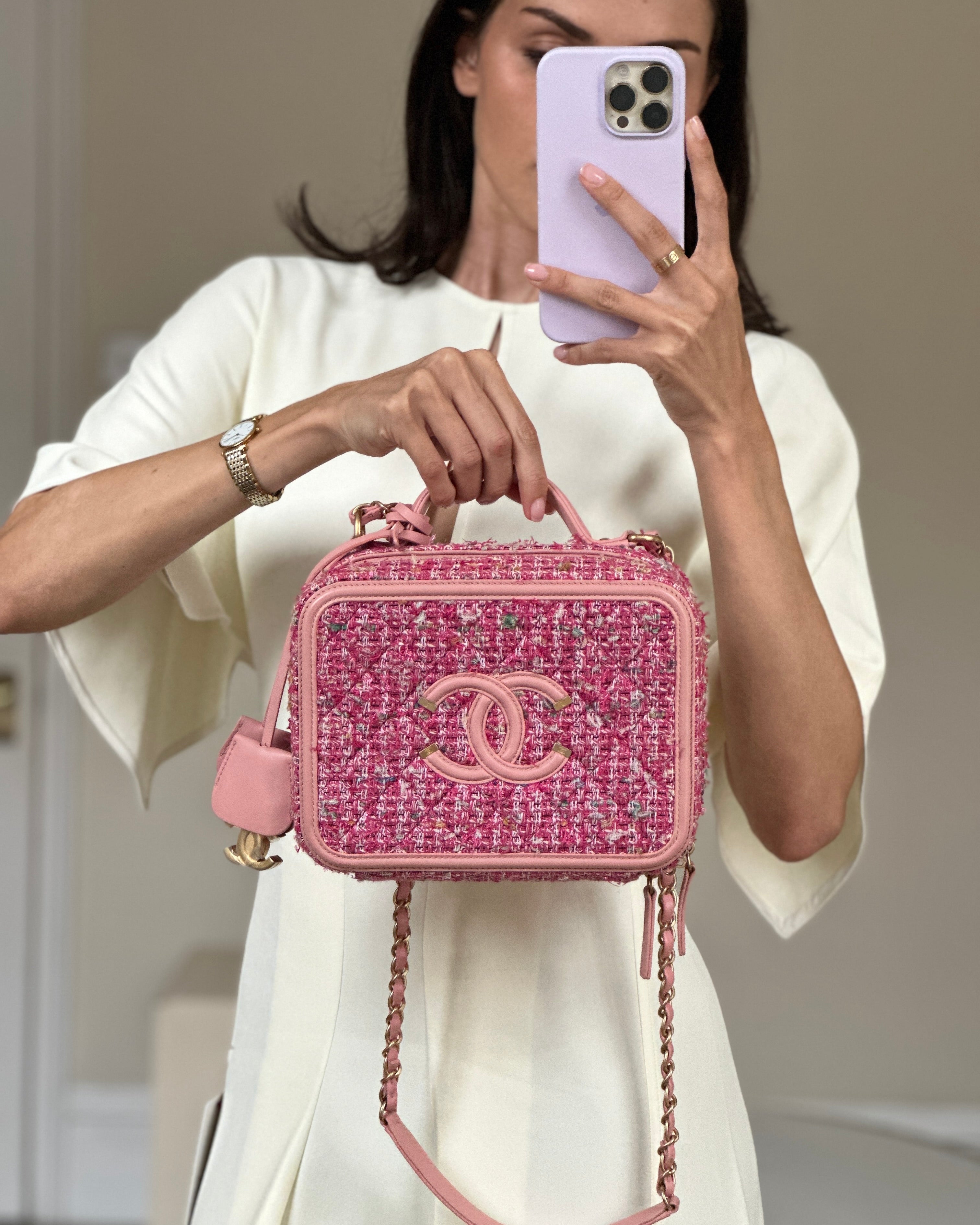 CHANEL Tweed Quilted iPhone XII Pro Case With Chain Turquoise Purple White  Red 891603  FASHIONPHILE