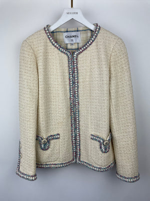 Chanel Cream Tweed Jacket With Blue & Red Metallic Woven Trim and Silver CC Button Detail Size FR 40 (UK 12)