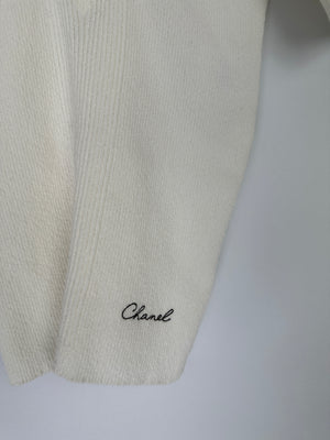 Chanel 25C White Cotton Blend Short Sleeve Jumper with Corset Neck Detail and Embroidered Logo Size FR 38 (UK 10) RRP £2395