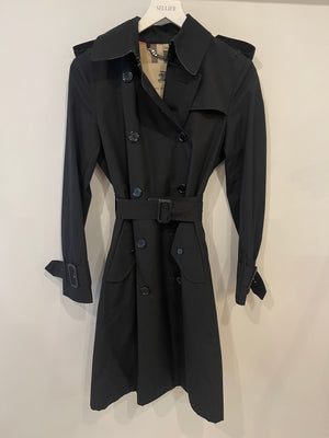 Burberry Black Trench Coat with Belt and Black Logo Button Details Size UK 8