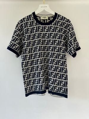 Fendi Navy and White FF Monogram Knit Short Sleeve T-Shirt Size IT 36 (UK 4)