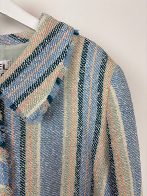 Chanel Blue and Green Striped Tweed Jacket with Transparent Blue CC Logo Button Details Size FR 46 (UK 18)