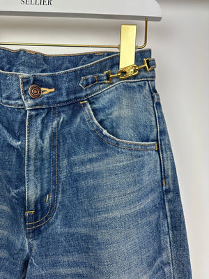 Celine Blue High-Waisted Flared Jeans with Gold Triomphe Waistband Detail Size 26 (UK 8)