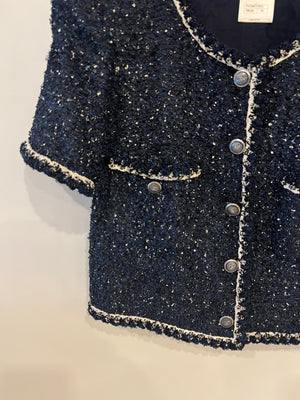 Chanel Navy, Black and White Tweed Short-Sleeve Jacket with Silver CC Buttons Size FR 40 (UK 12) RRP £3,550