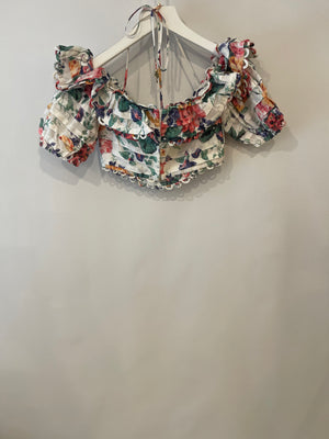 Zimmermann White Multicoloured Floral Linen Shorts and Crop Top Set Size 0 (UK 8)