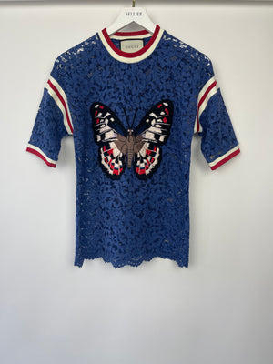 Gucci Blue Lace Top with Red & White Stripes & Butterfly Embroidery Detail Size M IT 42 (UK 10)