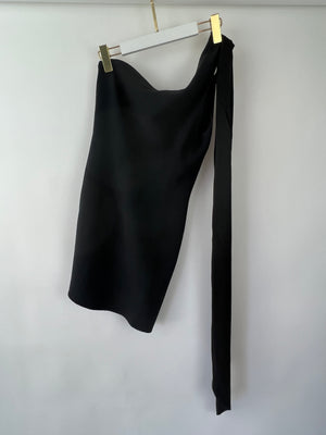 David Koma Black One Shoulder Mini Dress with Crystal Buckle & Silk Bow Detail Size UK 12