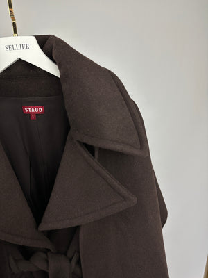 Staud Brown Wool Blend Coat with Detachable Wrap Size S (UK 8)