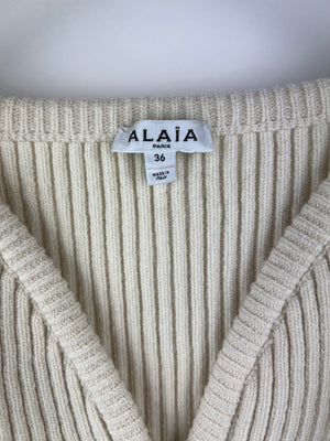 Alaïa Cream V-Neck Long Sleeve Knitted Jumper Size FR 36 (UK 8)