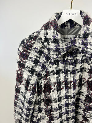 Chanel 19B Burgundy, Purple and White Houndstooth Longline Wool Coat with CC Button Detail Size FR 36 (UK 8) RRP £4700