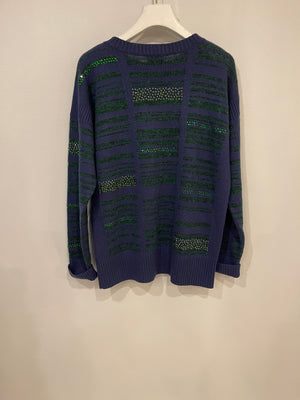 Chanel Navy Cashmere Long-Sleeve Jumper with Green Sequin Embellishments Size FR 36 (UK 8)