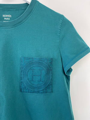 Hermès Teal T-Shirt with Crochet H Pocket Detail Size FR 38 (UK 10)