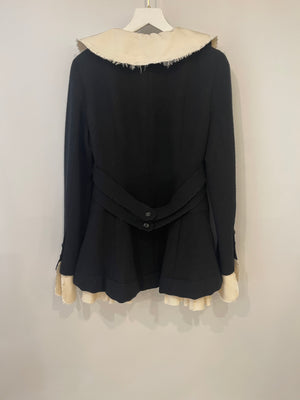 Chanel Black Wool Jacket with Ivory Silk Details and Embellished Buttons Size FR 38 (UK 10)