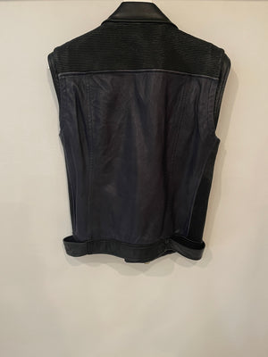 Pierre Balmain Navy and Black Sleeveless Leather Jacket with Gold Button Details Size FR 40 (UK 12)