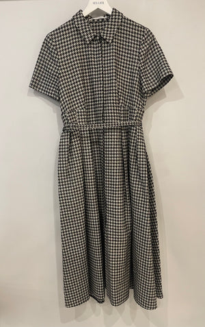 Christian Dior Black and White Houndstooth Short-Sleeve Midi Dress with Belt Size FR 42 (UK 14)