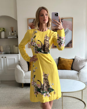 Dolce & Gabbana Yellow Long Sleeve Midi Dress with Cat and Floral Print Size IT 42 (UK 10)