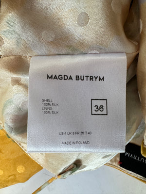 Magda Butrym Mustard Yellow Silk Pleated Mini Dress with Flower Detail Size FR 36 (UK 8)