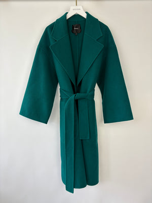 Theory Teal Green Wool Knee Length Belted Coat With Cropped Wide Sleeves Size Medium (UK 10)