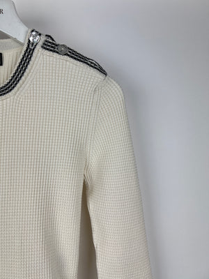 Chanel 22C Cream Knit Long Sleeve Mini Dress with Black Detail and Pearl Logo Buttons Size FR 34 (UK 6) RRP £2450