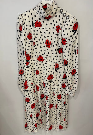 Alessandra Rich Black and White Polkadot Silk Long-Sleeve Midi Dress with Red Floral Details Size IT 44 (UK 12)