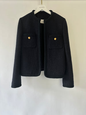 Celine Black Tweed Collarless Jacket with Braided Trim and Gold Engraved Buttons Size FR 34 (UK 6)