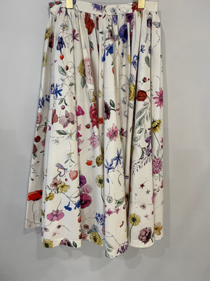 Christian Dior White Midi Skirt with Multicolour Floral Prints and Logo Size FR 40 (UK 12)