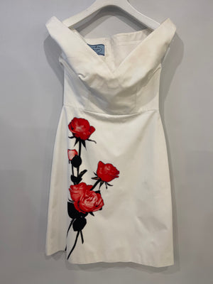 Prada White Midi Sleeveless Cut Out Off Shoulder Dress with Red Flower Detail Size IT 44 (UK 12)