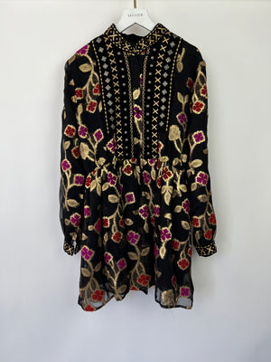 Dodo Bar Or Black & Gold Long Sleeve Mini Dress with Red & Fuchsia Flower Details IT 42 (UK 10)