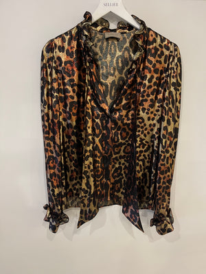 Lanvin Brown Metallic Long-Sleeve Leopard Pattern Blouse Size FR 34 (UK 6)