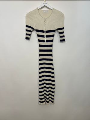 Altuzarra Cream & Blue Midi Ribbed Dress with Buttons Detail Size XS (UK 6 - 8)