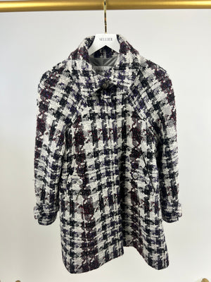 Chanel 19B Burgundy, Purple and White Houndstooth Longline Wool Coat with CC Button Detail Size FR 36 (UK 8) RRP £4700